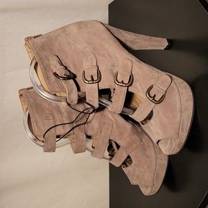 F24 Suede Tan High Heel Platform Peep Toe Shoes